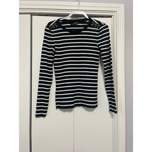 Lauren Ralph Lauren Black White Striped Lace Up Shoulder Long Sleeve Top Large